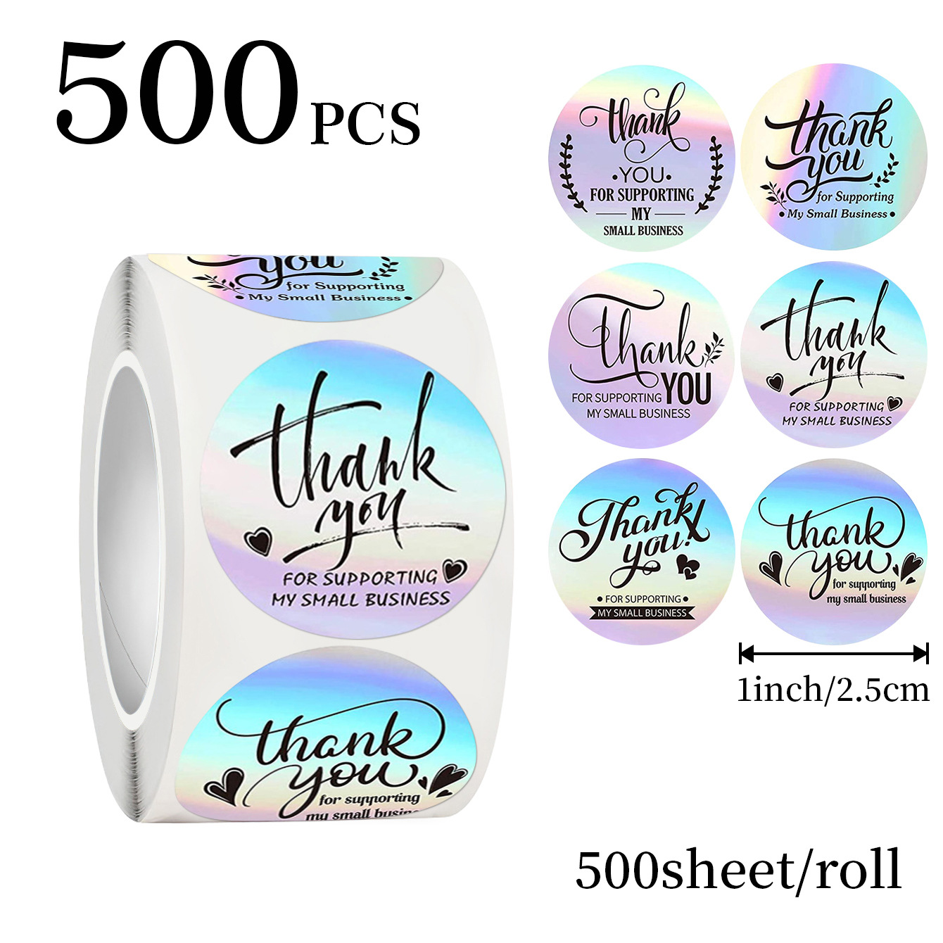Sticker Label Roll - JCAC 500pcs/rola Adesivos Holográficos de Agradecimento